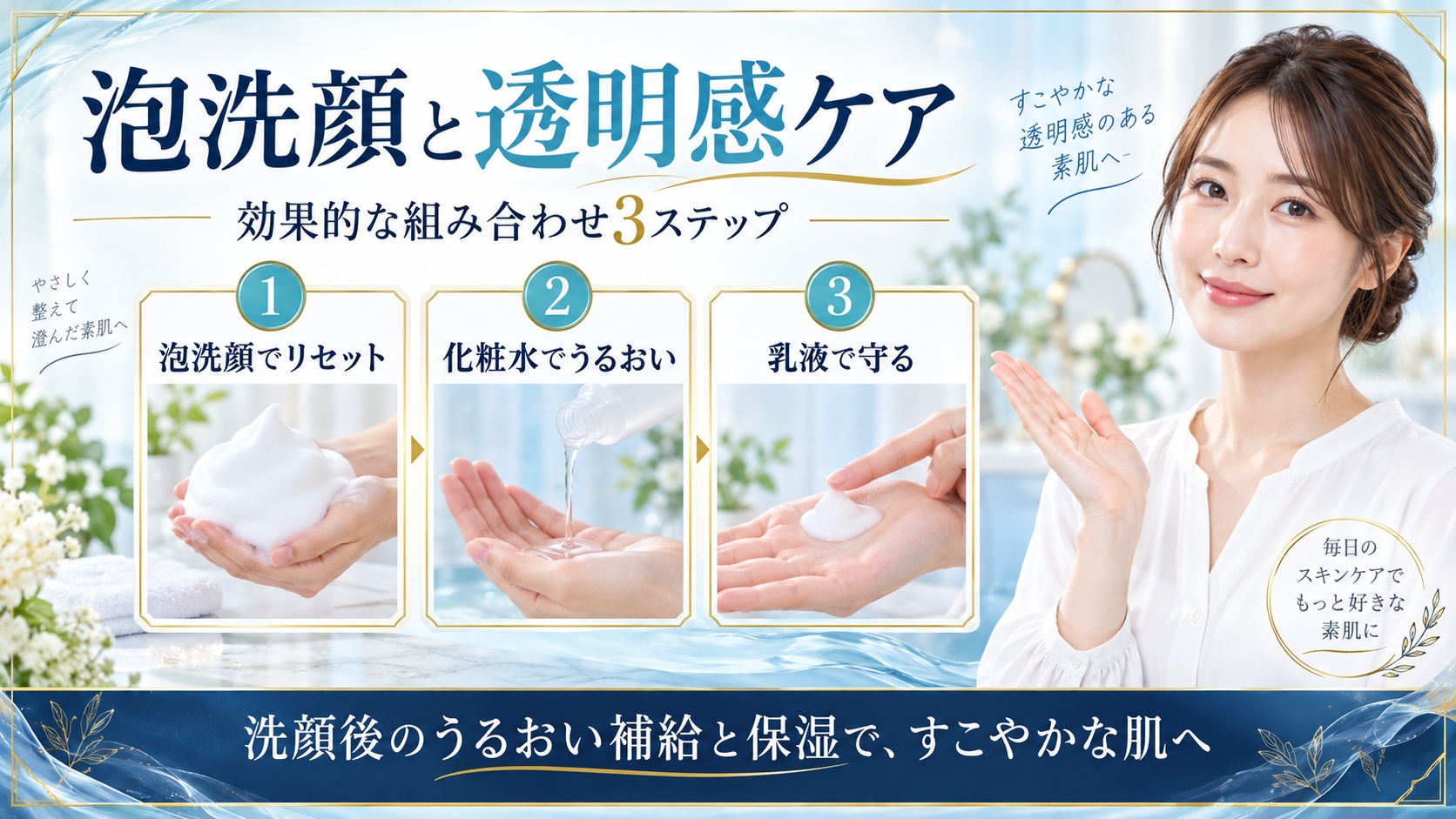 ビフェスタ泡洗顔ブライトアップ後に化粧水でうるおいを補い乳液で守る透明感ケアを示すBeauty Board
