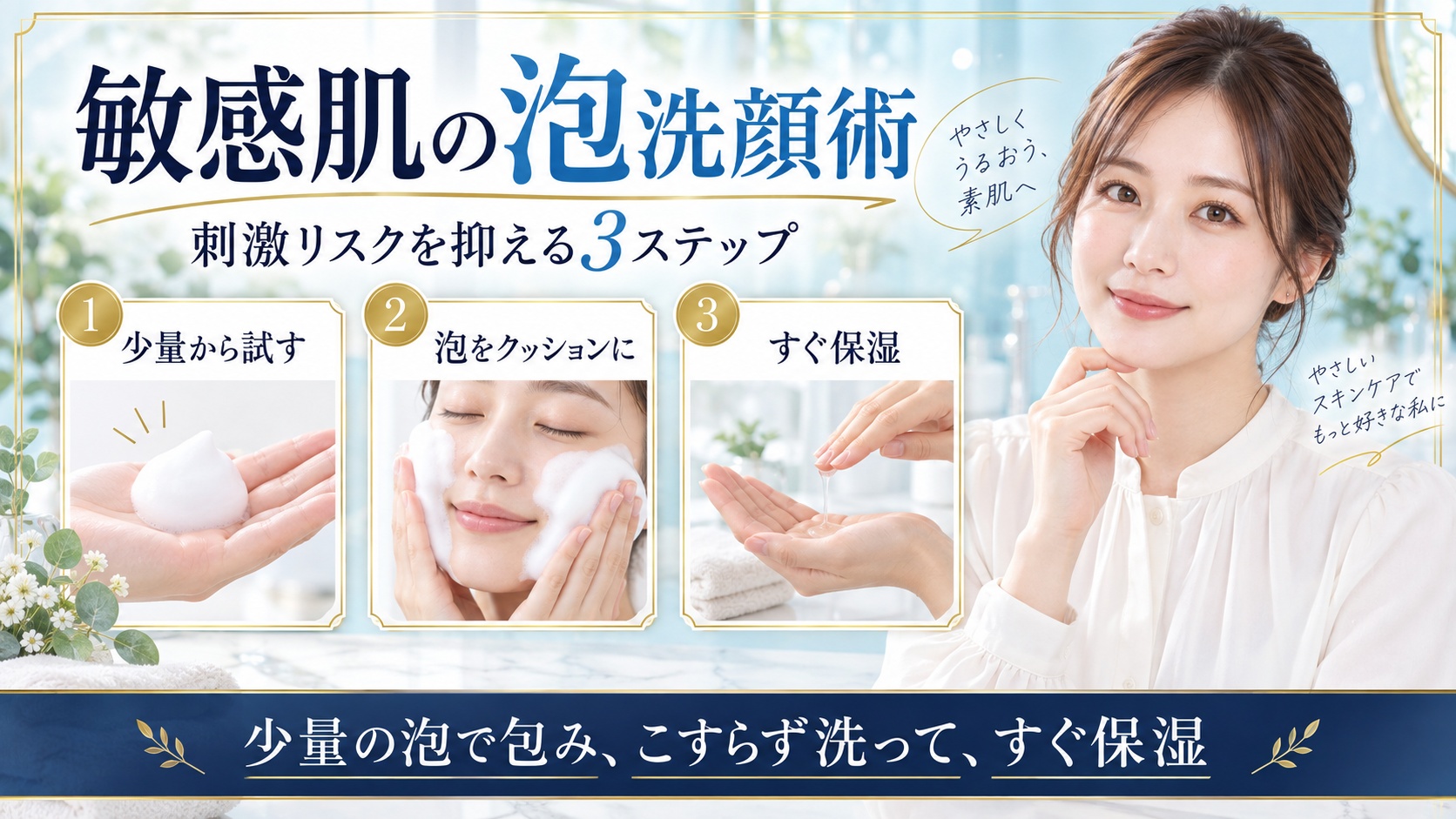 ビフェスタ泡洗顔ブライトアップを少量の泡で包みこすらず洗ってすぐ保湿する敏感肌向け洗顔術を示すBeauty Board