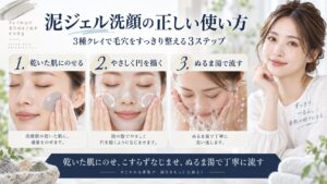ファンケル泥ジェル洗顔を乾いた肌にのせ、こすらずなじませ、ぬるま湯で流す正しい使い方を示すBeauty Board
