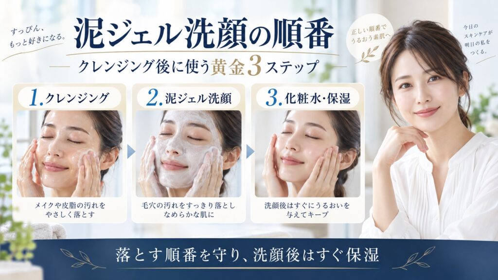 ファンケル泥ジェル洗顔をクレンジング後に使い、洗顔後すぐ化粧水と保湿を行う順番を示すBeauty Board
