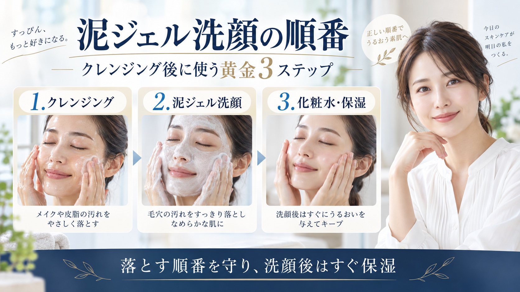 ファンケル泥ジェル洗顔をクレンジング後に使い、洗顔後すぐ化粧水と保湿を行う順番を示すBeauty Board