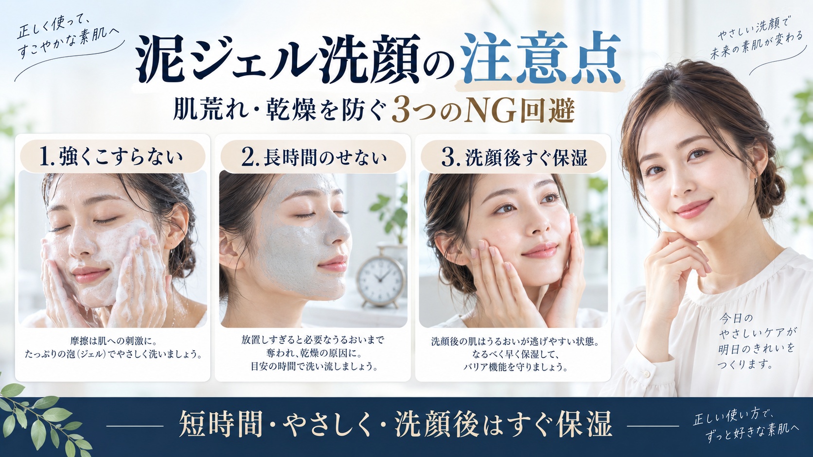 ファンケル泥ジェル洗顔で強くこすらず短時間で洗い、洗顔後すぐ保湿する注意点を示すBeauty Board