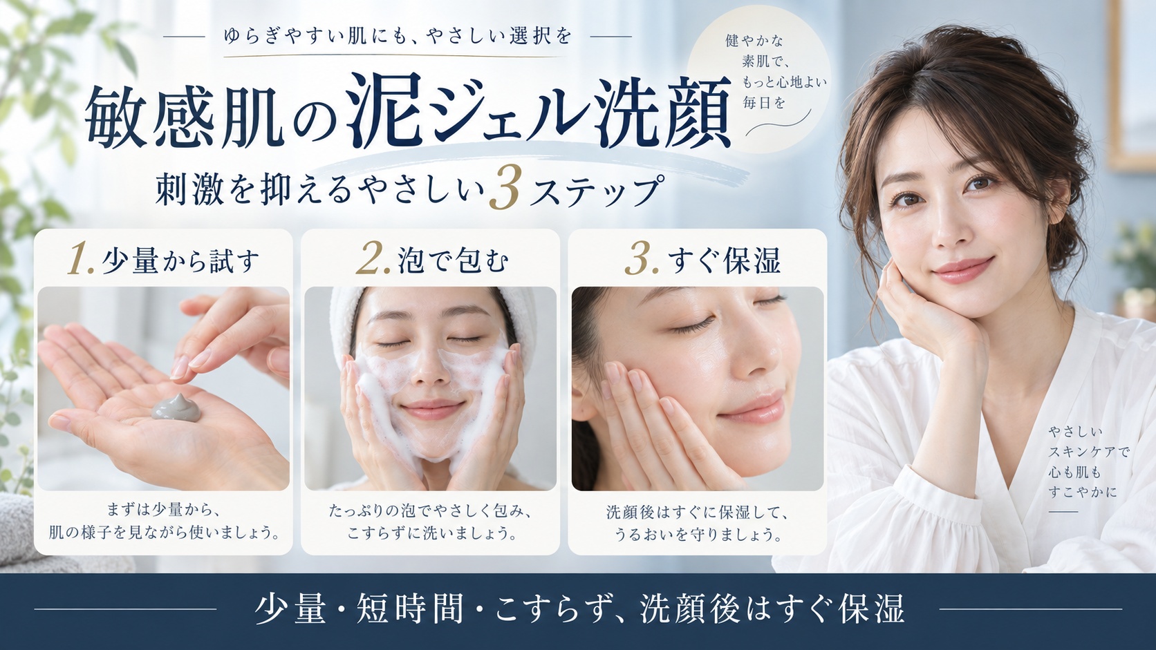ファンケル泥ジェル洗顔を少量の泡で包み、こすらず洗ってすぐ保湿する敏感肌向けケアを示すBeauty Board