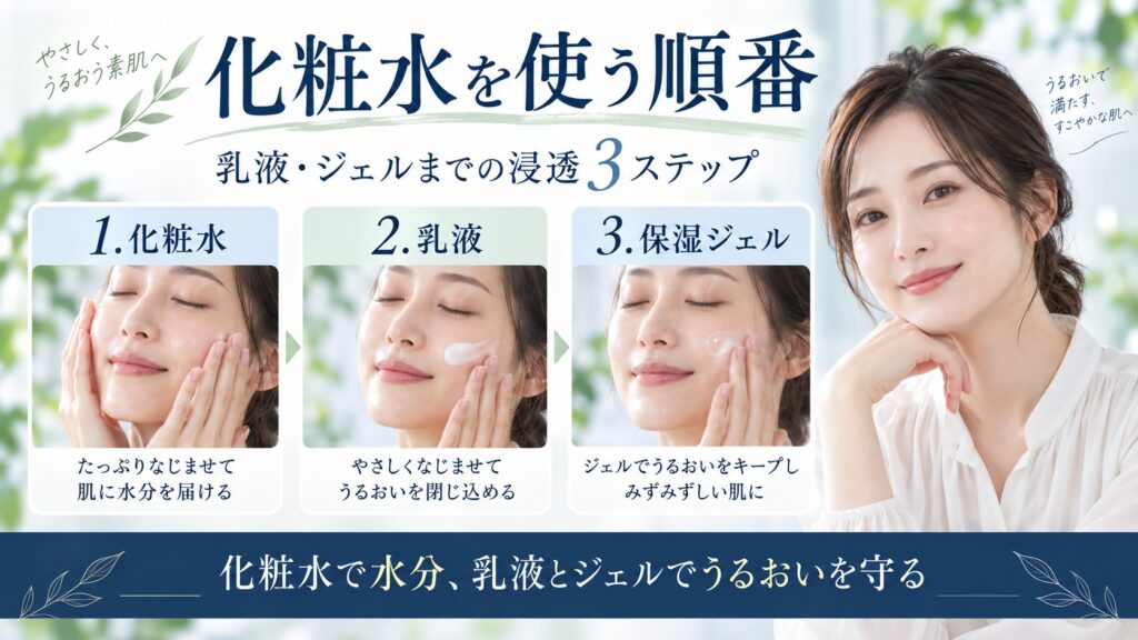 ナチュリエ ハトムギ化粧水、乳液、保湿ジェルを順番に使って水分とうるおいを守る手順を示すBeauty Board