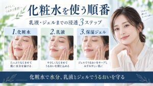 ナチュリエ ハトムギ化粧水、乳液、保湿ジェルを順番に使って水分とうるおいを守る手順を示すBeauty Board