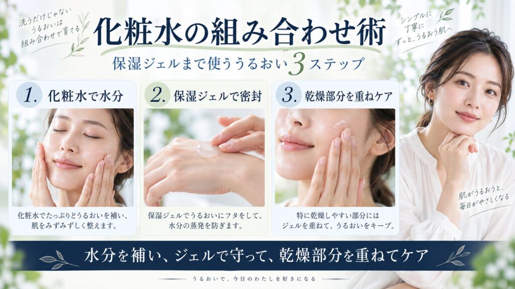 ナチュリエ ハトムギ化粧水で水分を補い、保湿ジェルでうるおいを守る組み合わせケアを示すBeauty Board