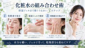 ナチュリエ ハトムギ化粧水で水分を補い、保湿ジェルでうるおいを守る組み合わせケアを示すBeauty Board