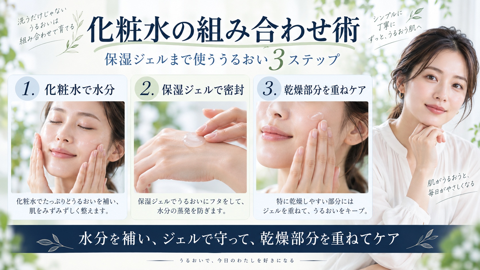 ナチュリエ ハトムギ化粧水で水分を補い、保湿ジェルでうるおいを守る組み合わせケアを示すBeauty Board