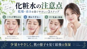 ナチュリエ ハトムギ化粧水をこすらず適量使い、重ねすぎず乳液で保湿する注意点を示すBeauty Board