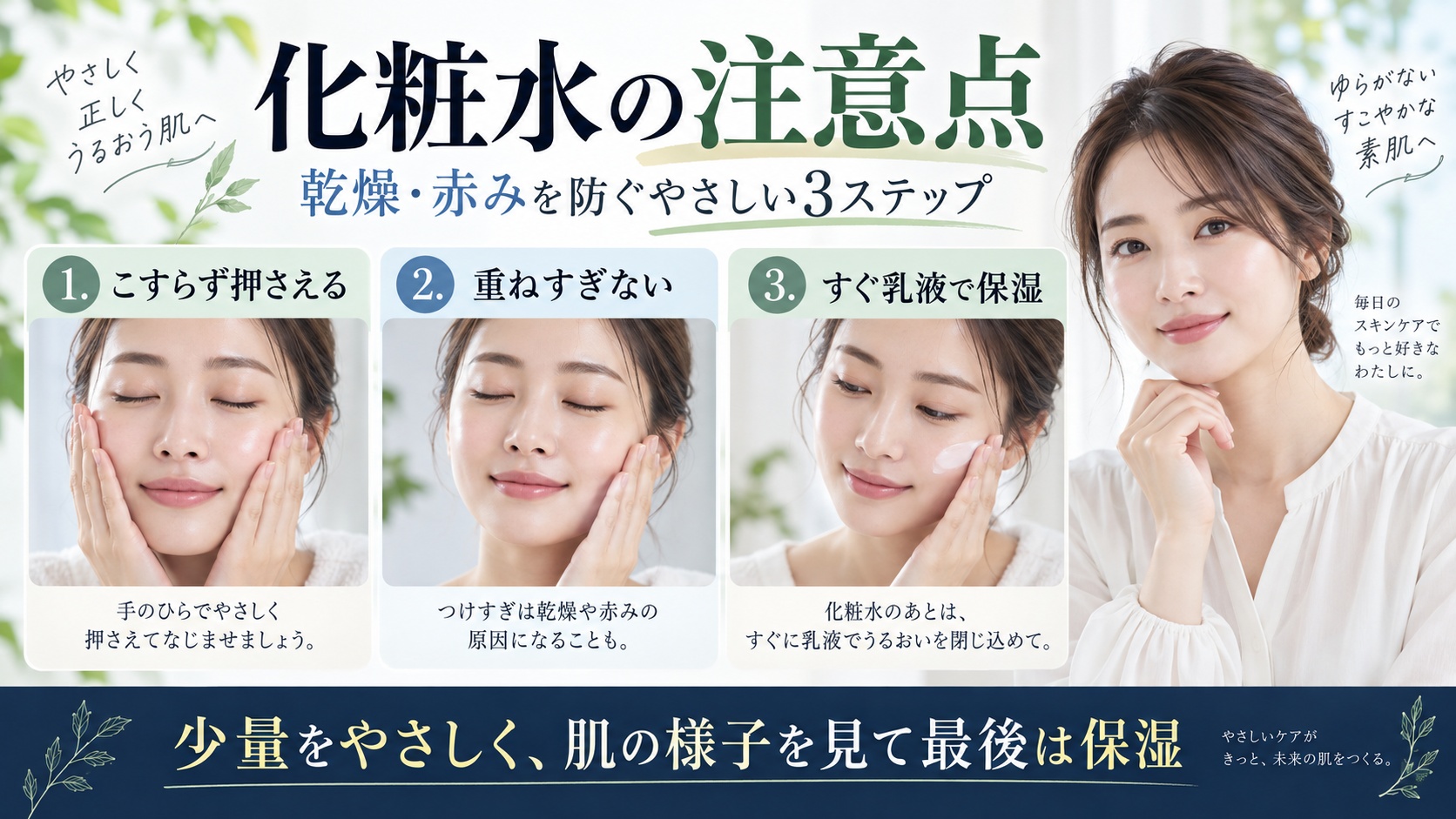 ナチュリエ ハトムギ化粧水をこすらず適量使い、重ねすぎず乳液で保湿する注意点を示すBeauty Board