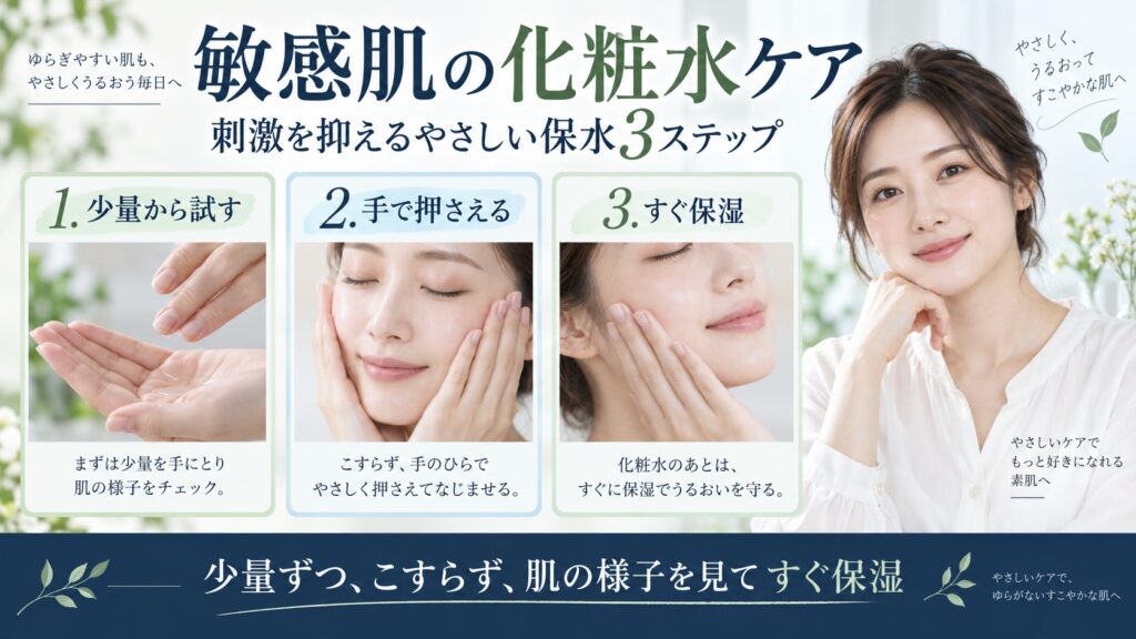 ナチュリエ ハトムギ化粧水を少量ずつ手で押さえ、肌の様子を見てすぐ保湿する敏感肌向けケアを示すBeauty Board