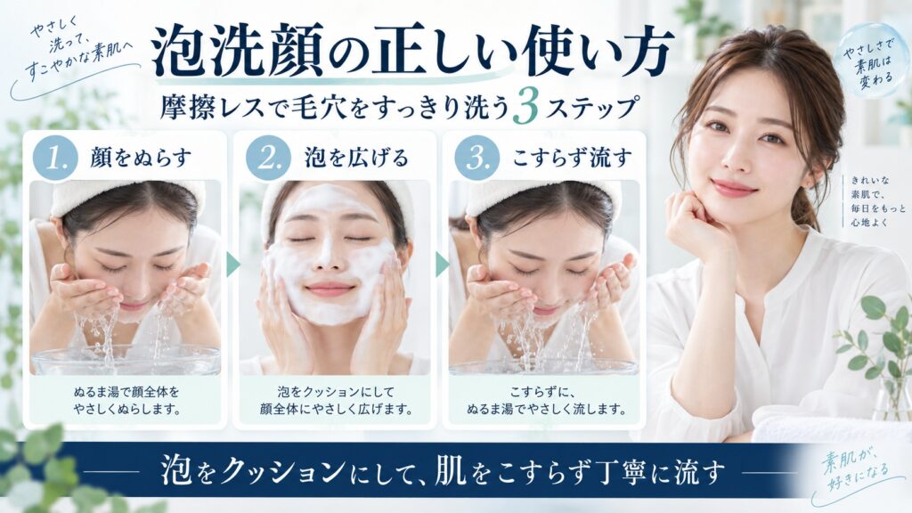 ビオレ ザフェイス泡洗顔を顔をぬらして泡を広げ、こすらず流す摩擦レス洗顔を示すBeauty Board
