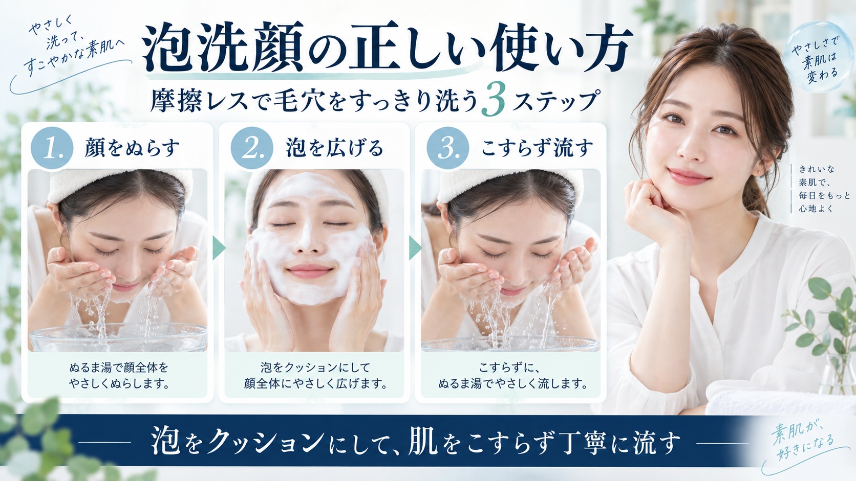 ビオレ ザフェイス泡洗顔を顔をぬらして泡を広げ、こすらず流す摩擦レス洗顔を示すBeauty Board