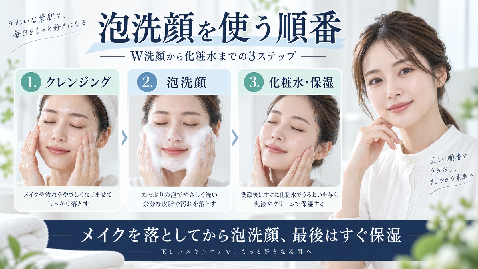 ビオレ ザフェイス泡洗顔をクレンジング後に使い、洗顔後すぐ化粧水と保湿を行う順番を示すBeauty Board