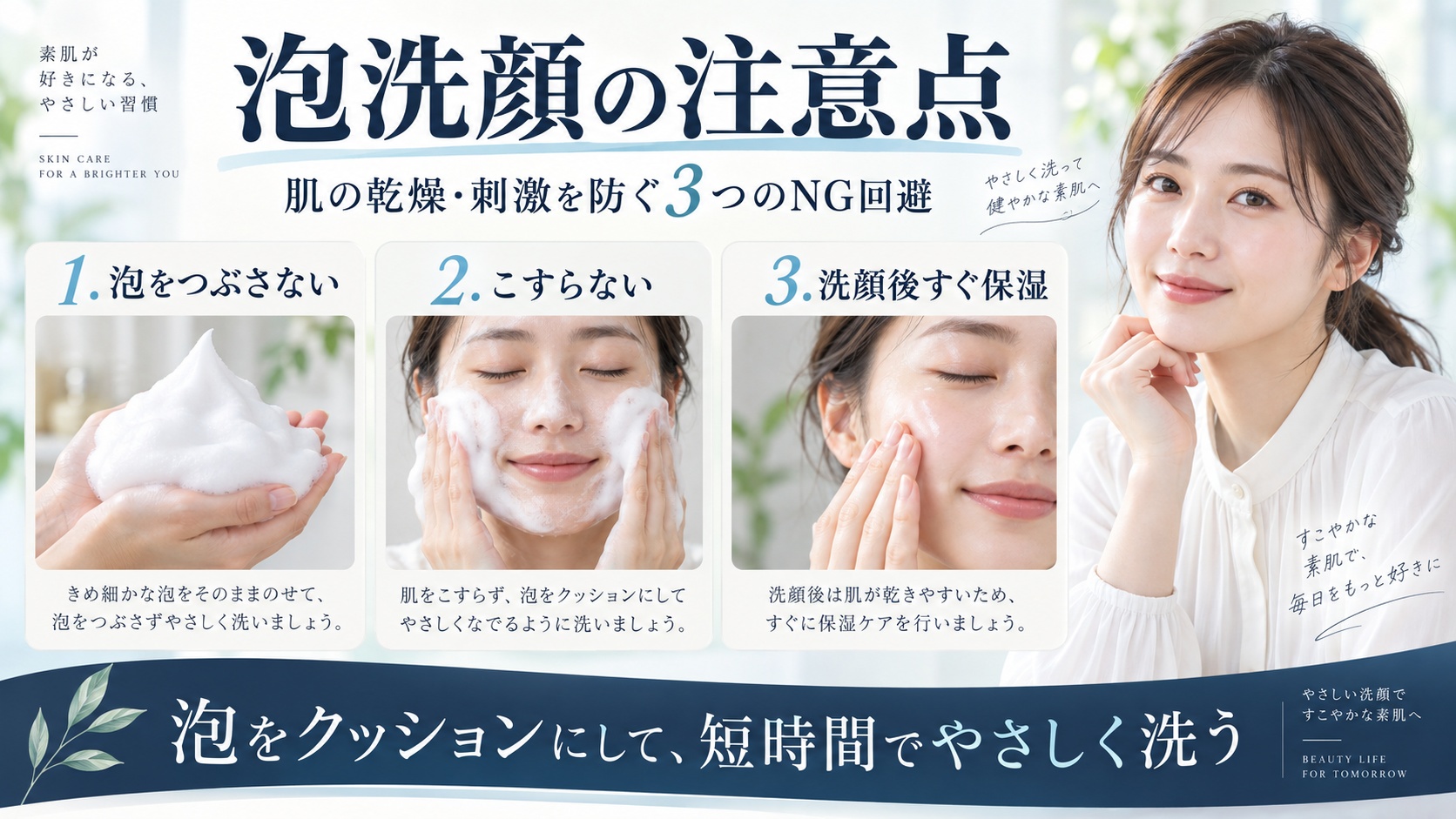 ビオレ ザフェイス泡洗顔で泡をつぶさずこすらず洗い、洗顔後すぐ保湿する注意点を示すBeauty Board