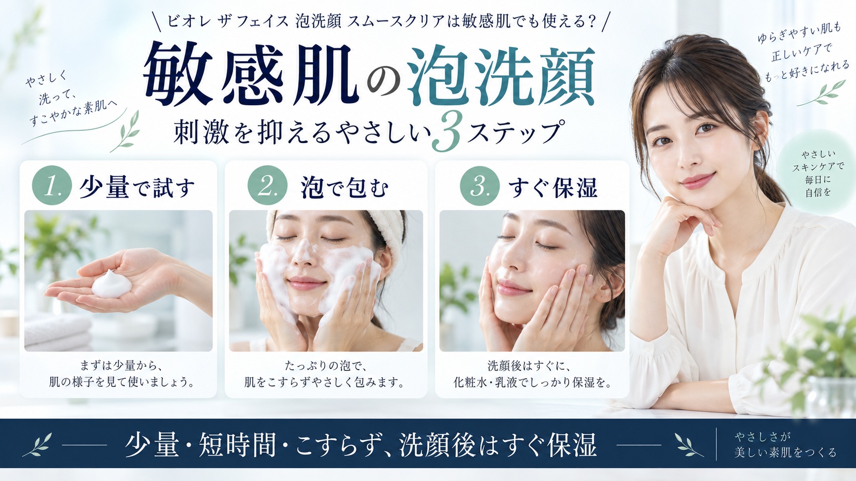 ビオレ ザフェイス泡洗顔を少量の泡で包み、こすらず洗ってすぐ保湿する敏感肌向けケアを示すBeauty Board