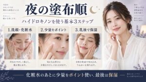 ハイドロキノン配合クリームを洗顔と化粧水のあとに少量ポイント使い、最後に乳液で保湿する夜の順番を示すBeauty Board