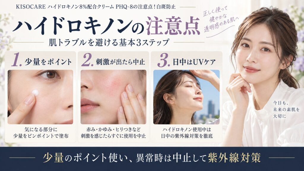 ハイドロキノン配合クリームを少量ポイント使い、刺激時は中止し、日中は紫外線対策を行う注意点を示すBeauty Board