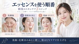 モイスチュアマイルド ホワイト エッセンスを洗顔と化粧水のあとに使い、朝はUVケアで仕上げる順番を示すBeauty Board