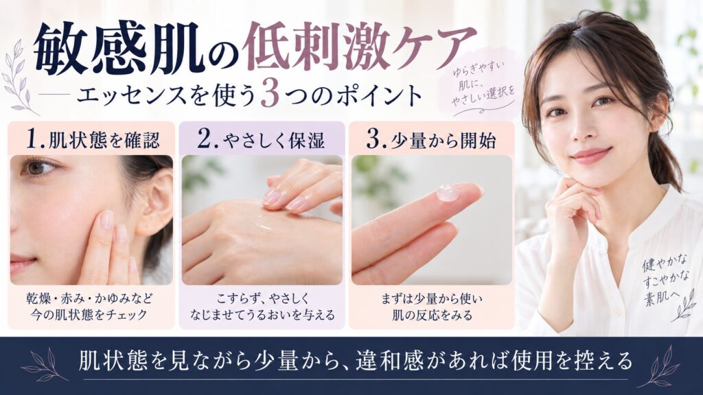 モイスチュアマイルド ホワイト エッセンスを敏感肌で使う際に肌状態を確認し、やさしく少量から始めるポイントを示すBeauty Board