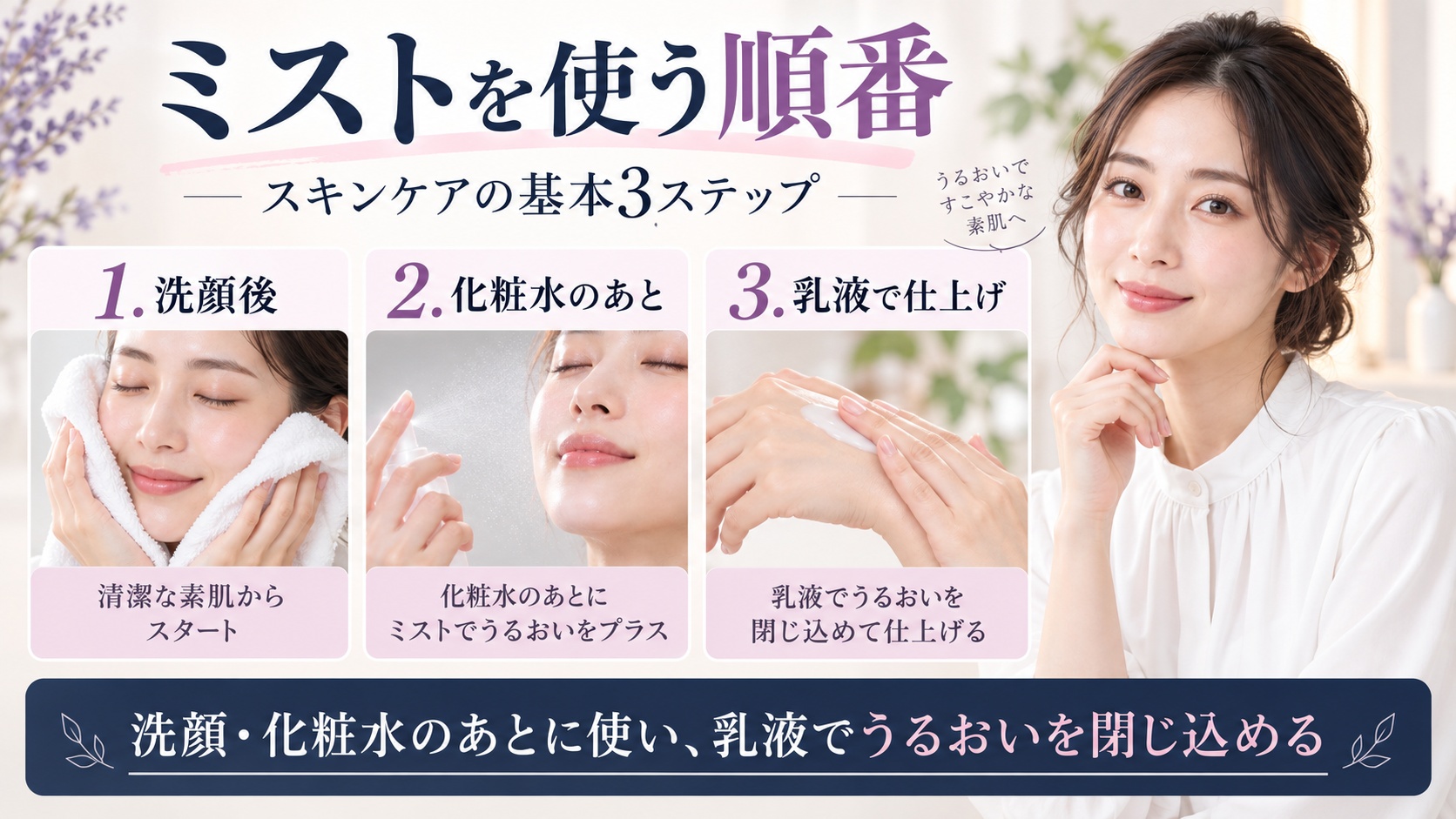 Haruharu Wonder 黒米NAD+ミストを洗顔後と化粧水のあとに使い、乳液で仕上げる順番を示すBeauty Board