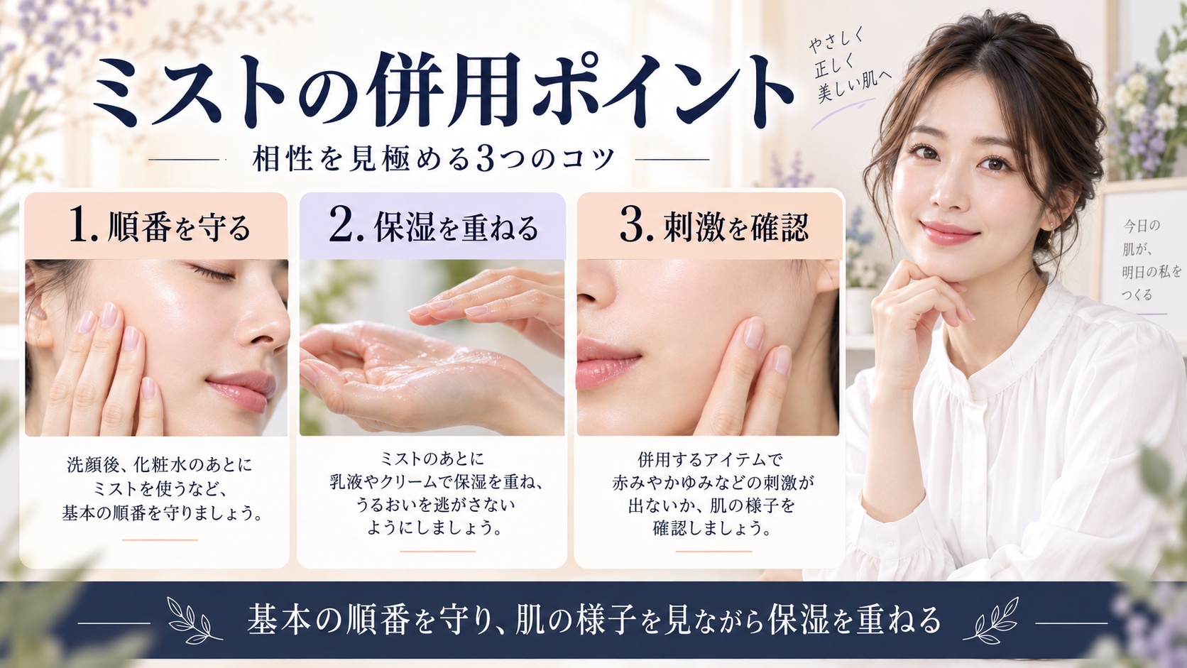 Haruharu Wonder 黒米NAD+ミストを基本の順番で使い、保湿を重ねて刺激を確認する併用ポイントを示すBeauty Board