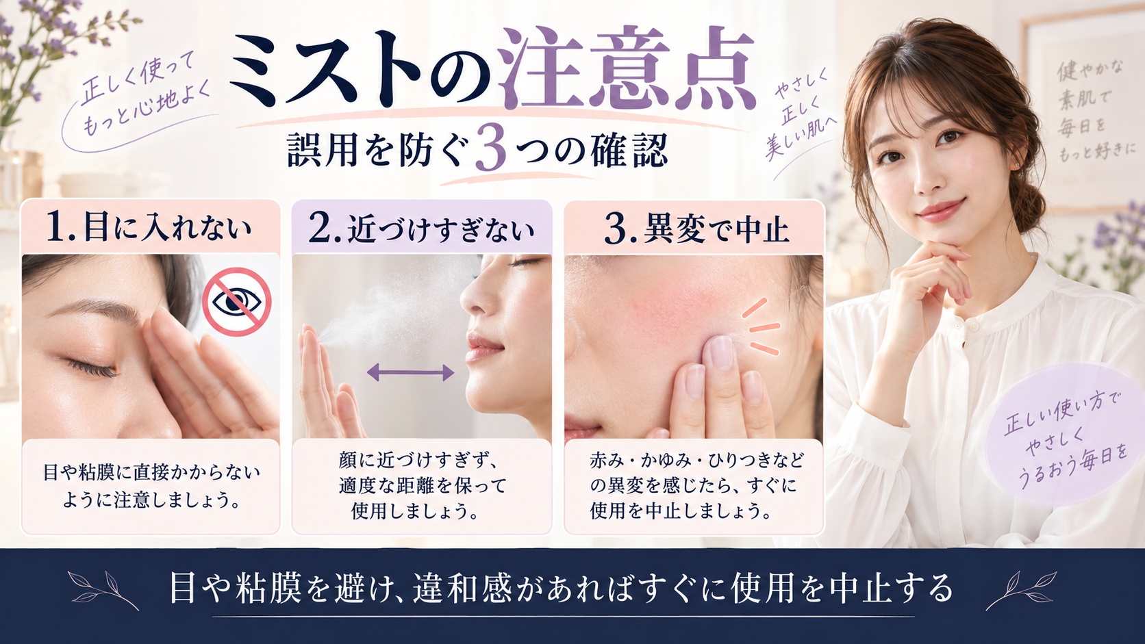 Haruharu Wonder 黒米NAD+ミストの注意点として目に入れず、近づけすぎず、異変で中止するポイントを示すBeauty Board