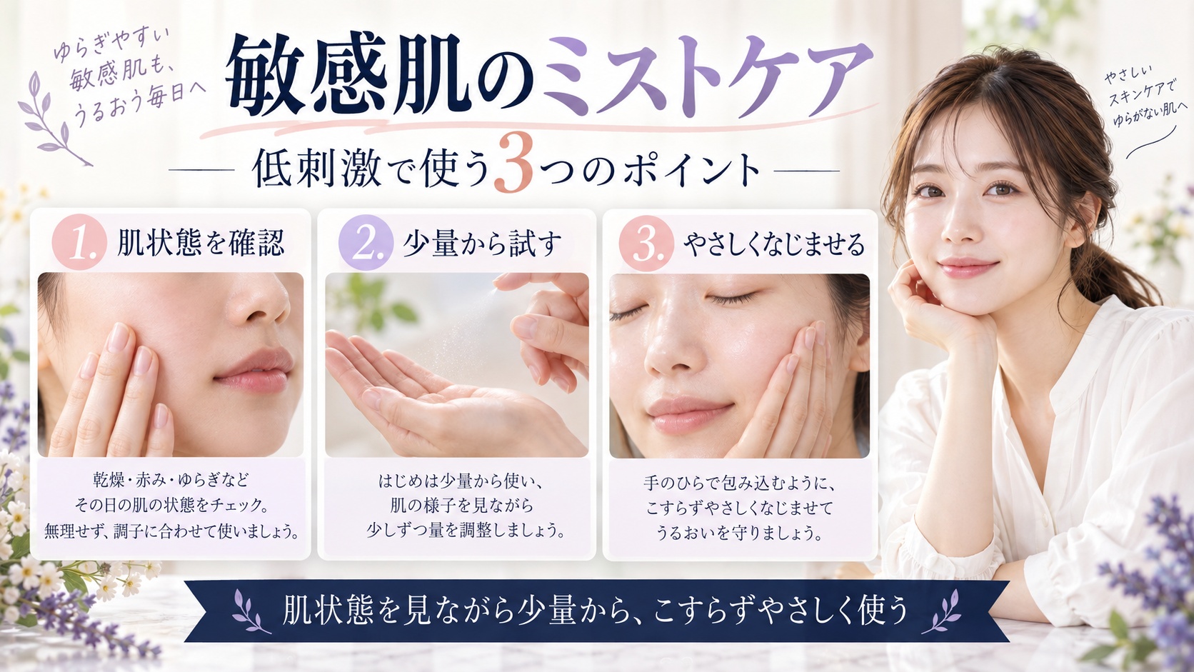 Haruharu Wonder 黒米NAD+ミストを敏感肌で使う際に肌状態を確認し、少量からやさしくなじませるポイントを示すBeauty Board