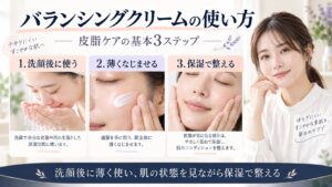 KISOCARE バランシングクリームAZ2を洗顔後に薄く使い、保湿で整える皮脂ケアの手順を示すBeauty Board