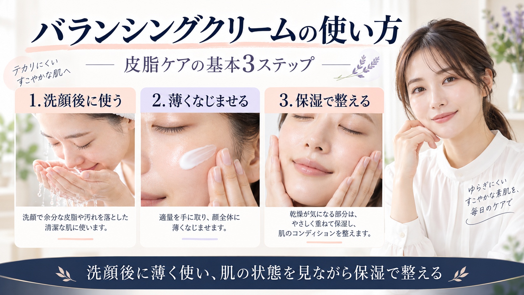 KISOCARE バランシングクリームAZ2を洗顔後に薄く使い、保湿で整える皮脂ケアの手順を示すBeauty Board