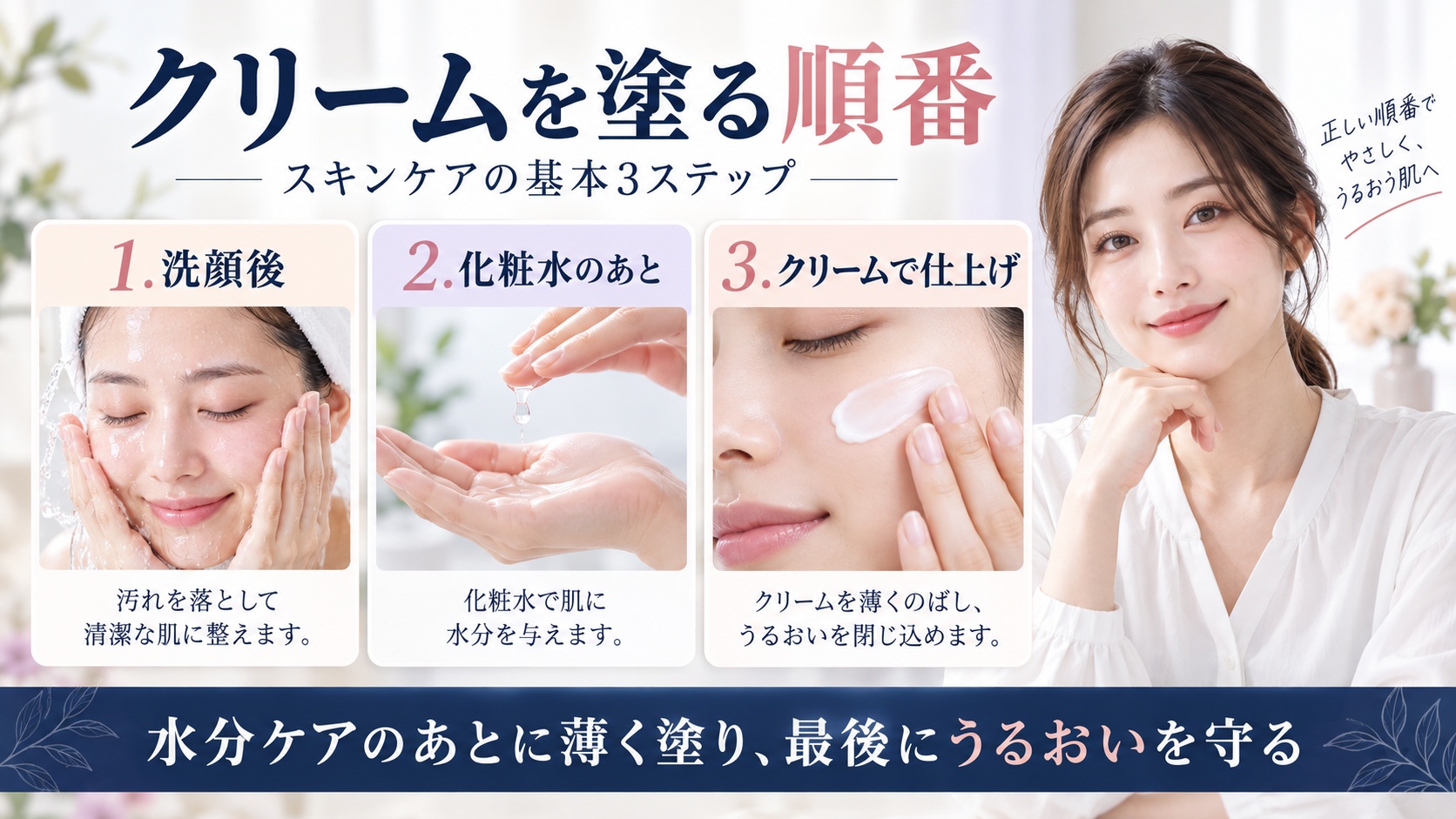 KISOCARE バランシングクリームAZ2を洗顔後と化粧水のあとに使い、クリームで仕上げる順番を示すBeauty Board