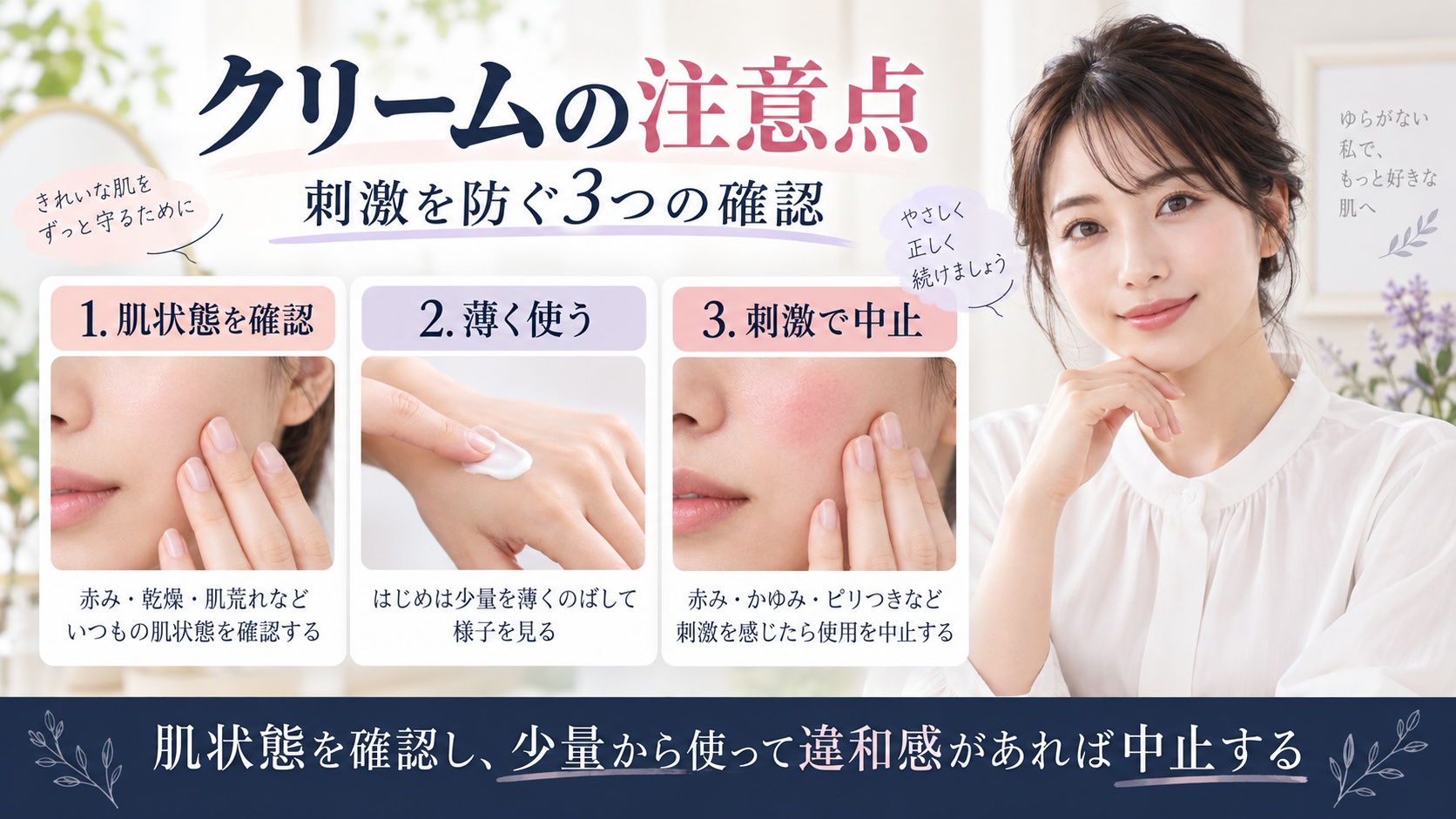 KISOCARE バランシングクリームAZ2の注意点として肌状態を確認し、薄く使って刺激があれば中止するポイントを示すBeauty Board