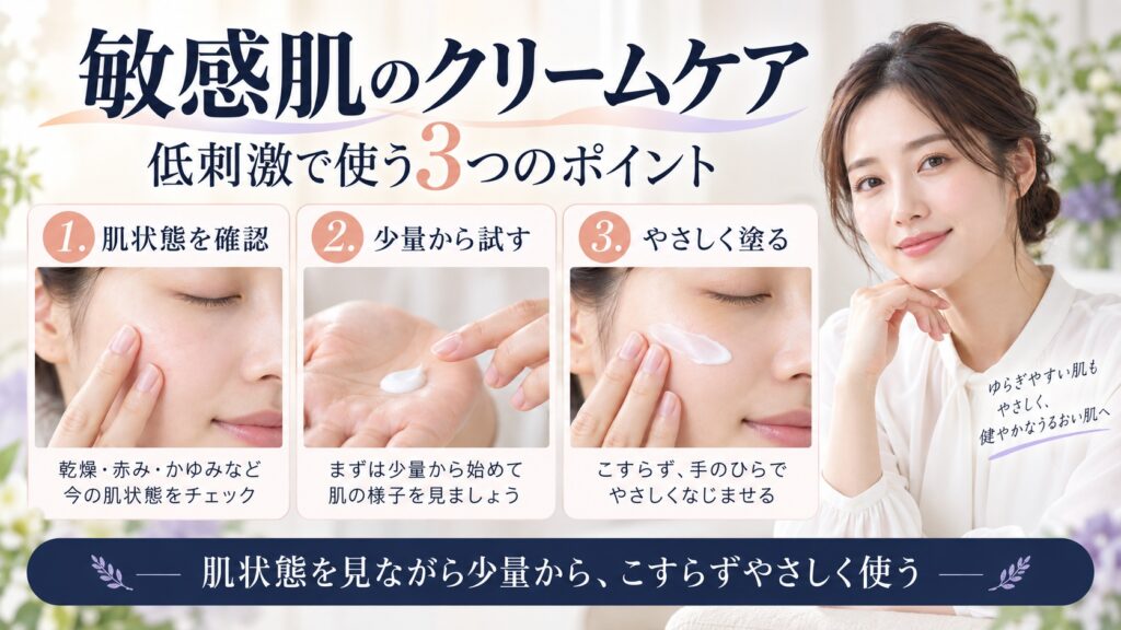 KISOCARE バランシングクリームAZ2を敏感肌で使う際に肌状態を確認し、少量からやさしく塗るポイントを示すBeauty Board