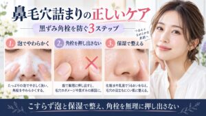 鼻毛穴の詰まりを泡でやわらかくケアし、角栓を押し出さず保湿で整える方法を示すBeauty Board