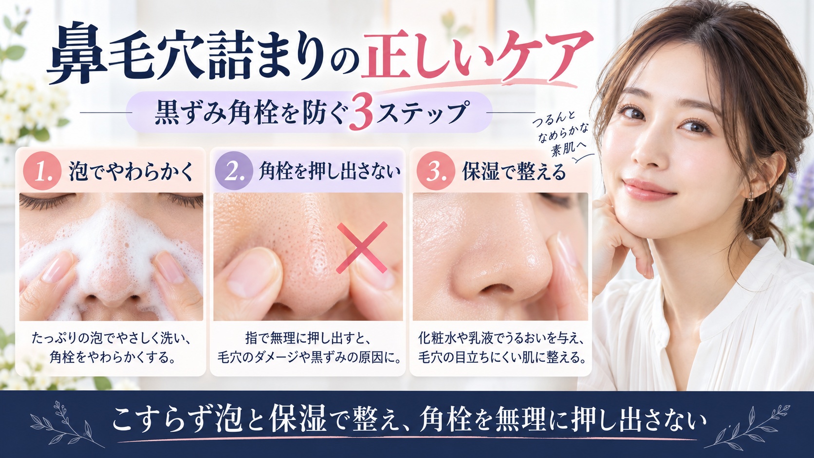 鼻毛穴の詰まりを泡でやわらかくケアし、角栓を押し出さず保湿で整える方法を示すBeauty Board