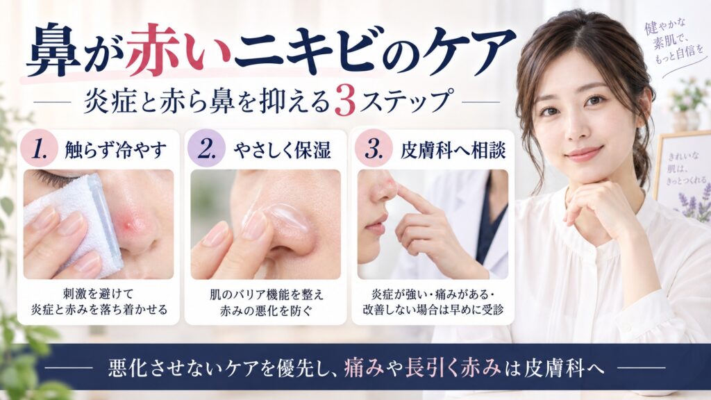 鼻が赤いニキビを触らず冷やし、やさしく保湿して必要なら皮膚科へ相談するケアを示すBeauty Board