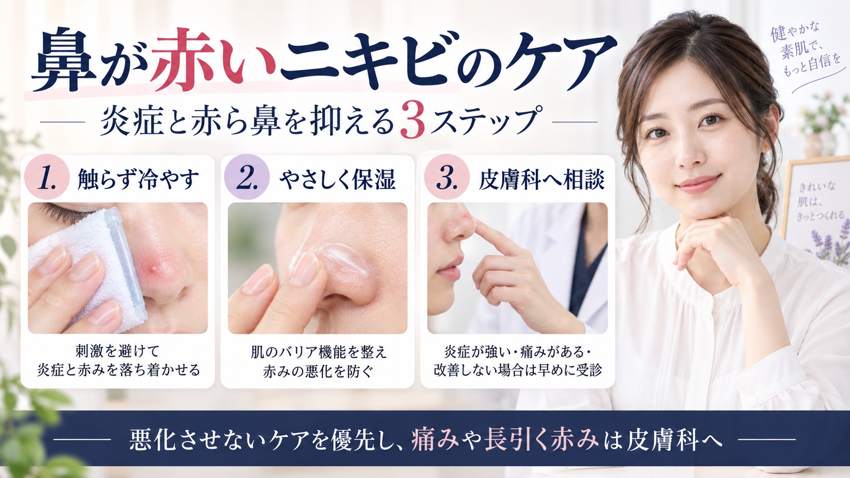 鼻が赤いニキビを触らず冷やし、やさしく保湿して必要なら皮膚科へ相談するケアを示すBeauty Board