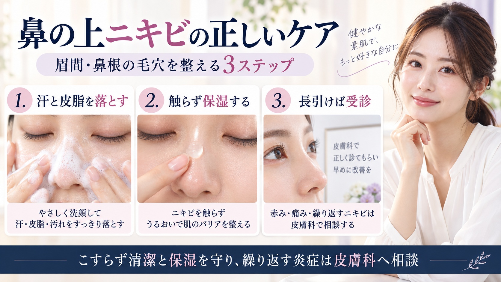鼻の上や眉間のニキビを汗と皮脂から整え、触らず保湿し長引けば皮膚科へ相談するケアを示すBeauty Board