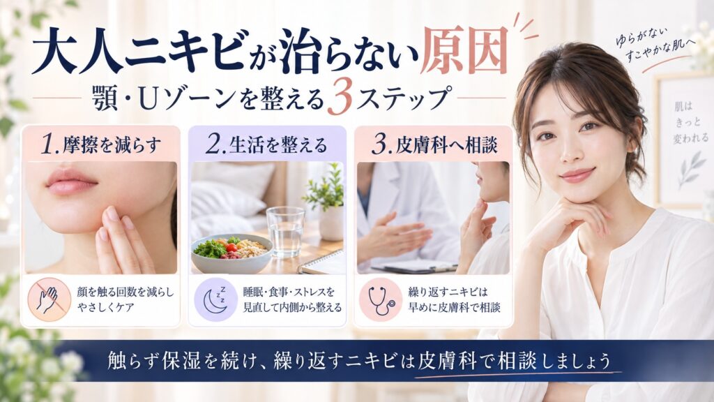 大人ニキビの摩擦を減らし、生活を整えて、繰り返す場合は皮膚科へ相談する対策を示すBeauty Board