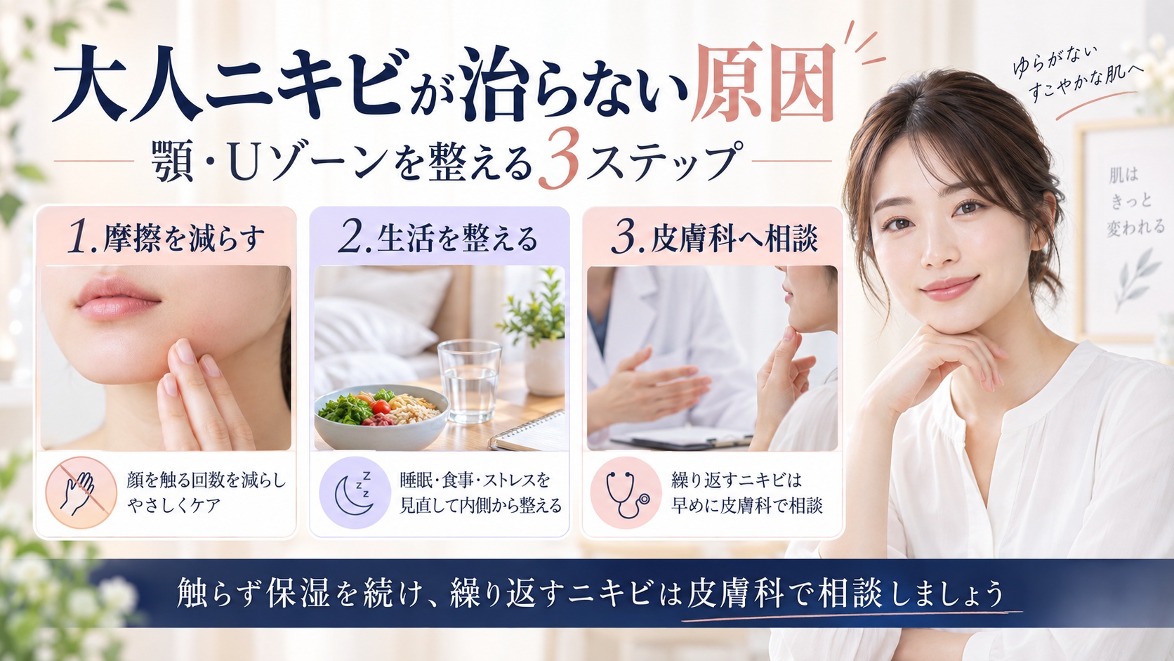 大人ニキビの摩擦を減らし、生活を整えて、繰り返す場合は皮膚科へ相談する対策を示すBeauty Board