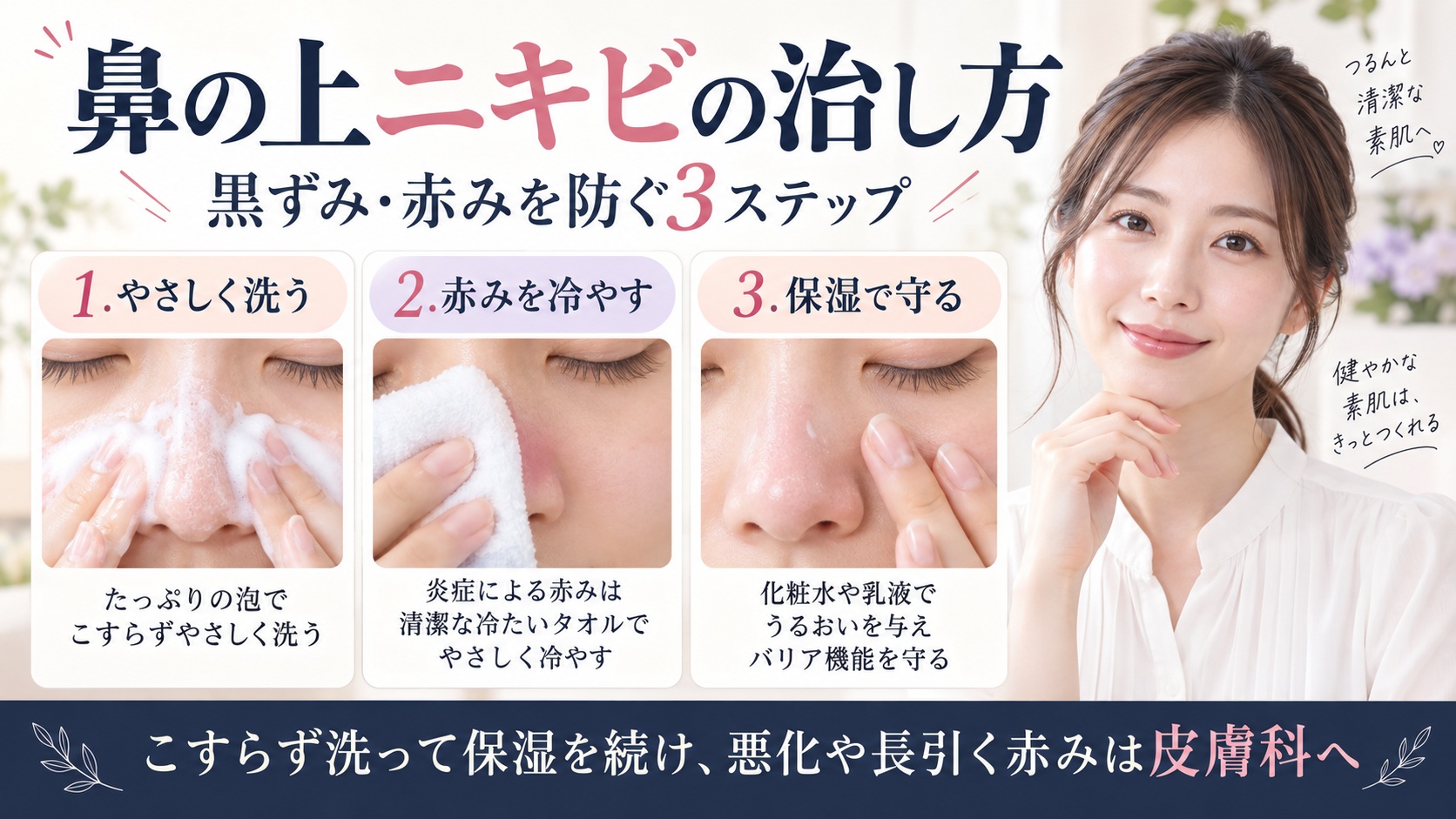 鼻の上のニキビをやさしく洗い、赤みを冷やして保湿で守る正しい毛穴ケアを示すBeauty Board