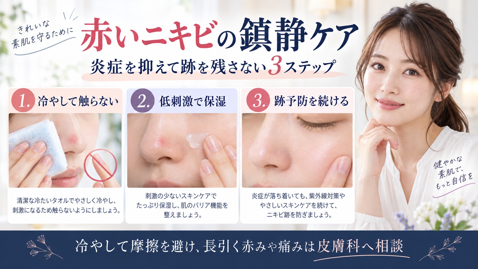 赤い鼻ニキビを冷やして触らず、低刺激で保湿し跡予防を続ける鎮静ケアを示すBeauty Board