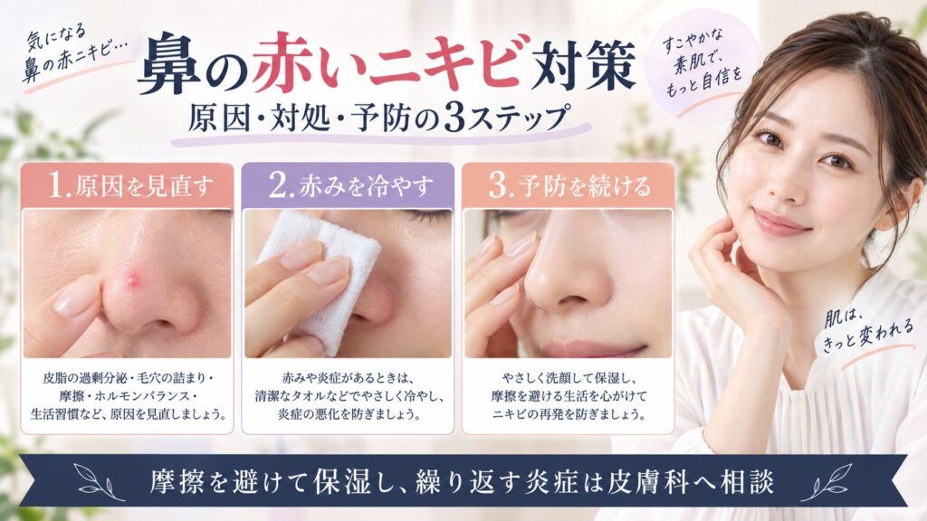 鼻の赤いニキビの原因を見直し、赤みを冷やして予防を続ける部位別ケアを示すBeauty Board