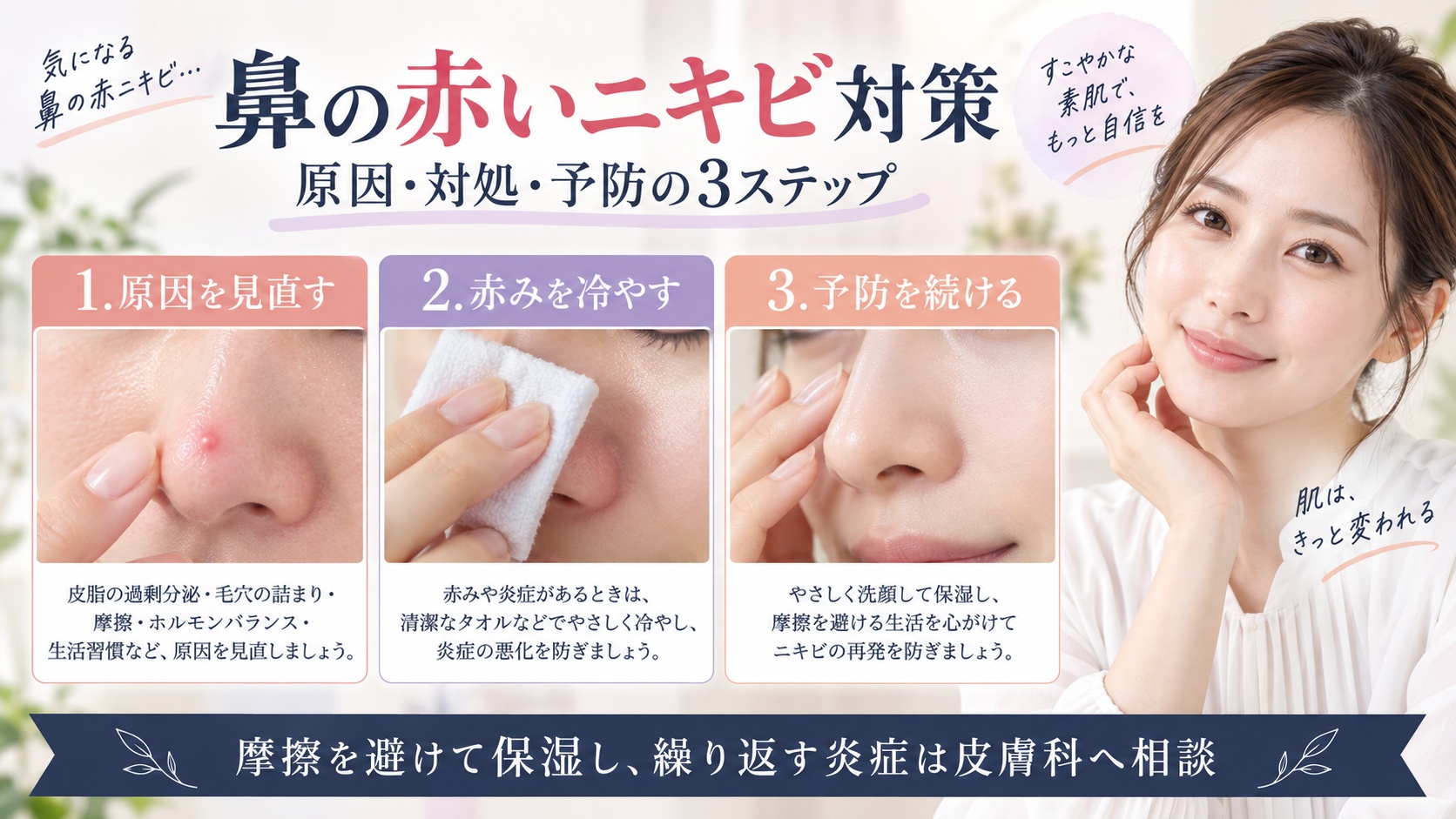 鼻の赤いニキビの原因を見直し、赤みを冷やして予防を続ける部位別ケアを示すBeauty Board