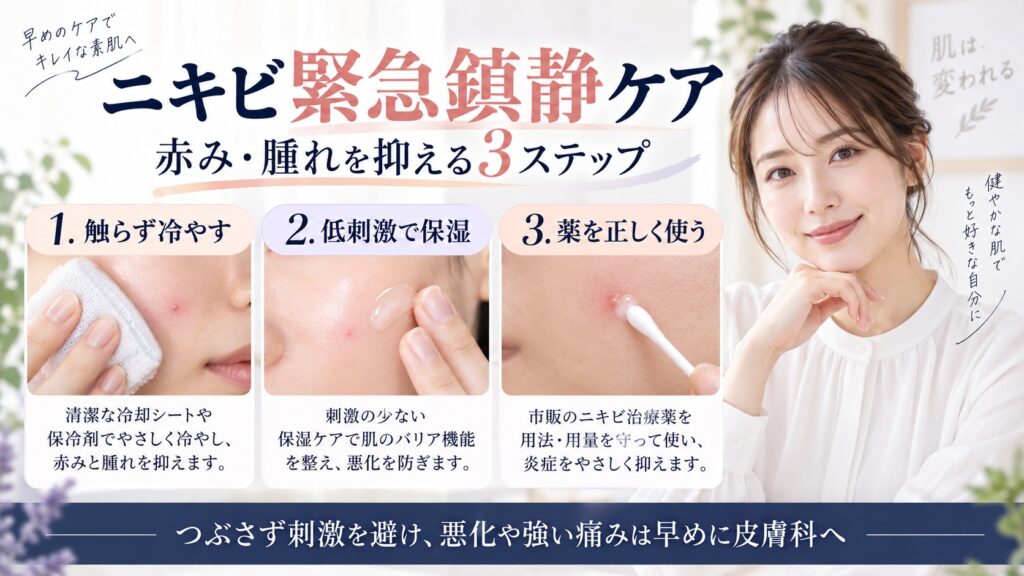 ニキビを触らず冷やし、低刺激で保湿して薬を正しく使う緊急鎮静ケアを示すBeauty Board