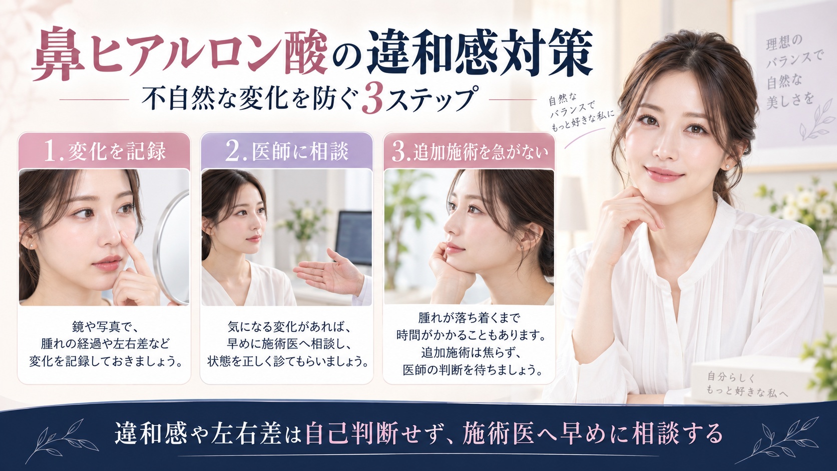 鼻のヒアルロン酸後に目が寄るなどの違和感がある場合、変化を記録して施術医へ相談し追加施術を急がない対処を示すBeauty Board