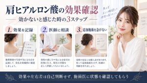 肩のヒアルロン酸注射が効果なしと感じた時に効果を記録し、医師へ相談して追加施術を急がない対処を示すBeauty Board
