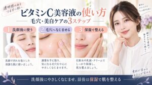 マツキヨビタミンC美容液を洗顔後に使い、毛穴へなじませて最後に保湿で整える使い方を示すBeauty Board