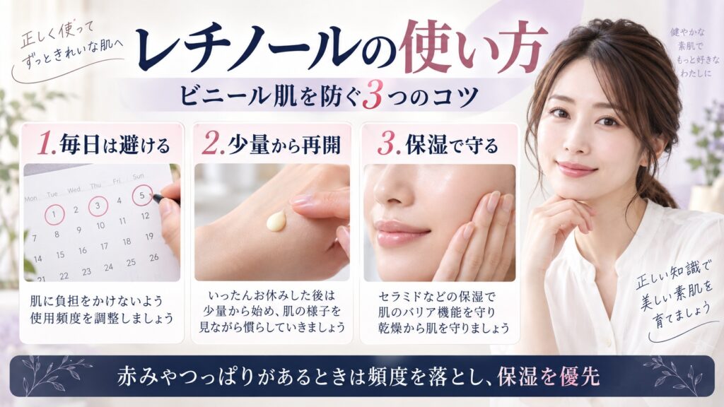レチノールの使用頻度を調整し、少量から再開して保湿で肌を守る方法を示すBeauty Board