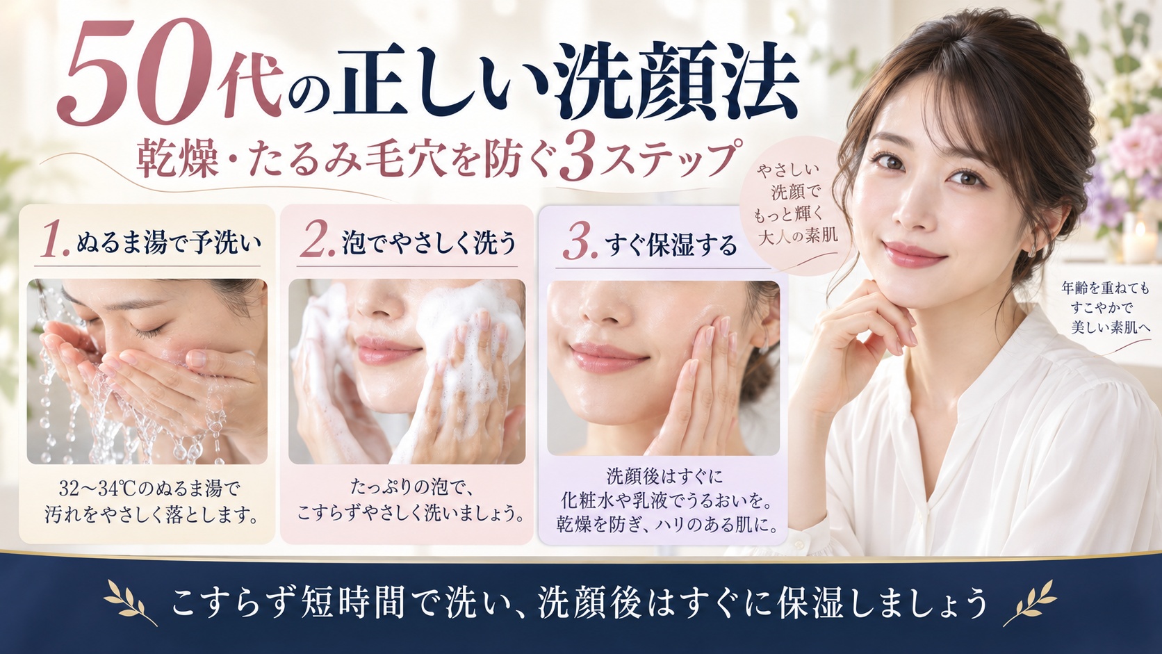 50代の乾燥とたるみ毛穴を防ぐため、ぬるま湯の予洗い、泡洗顔、洗顔後の保湿を示すBeauty Board
